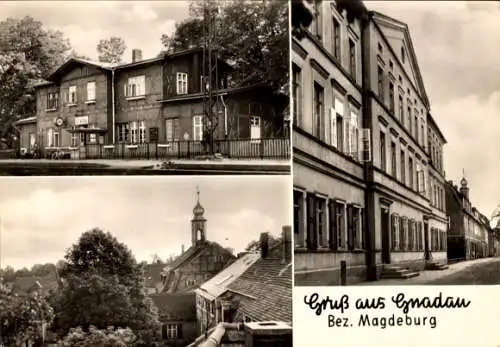 Ak Gnadau Barby im Salzlandkreis, Bahnhof, Kirche, Verwaltung der Gnadauer Anstalten mit Altenheim