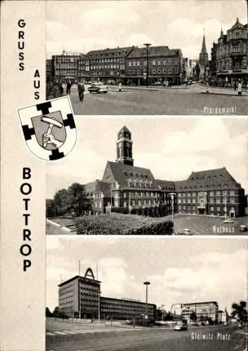 Ak Bottrop im Ruhrgebiet, Pferdemarkt, Rathaus, Gleiwitz-Platz, Wappen