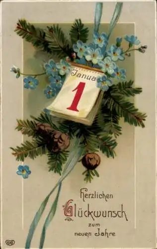 Ak Glückwunsch Neujahr, Kalender, Tannenzweige, Vergissmeinnicht