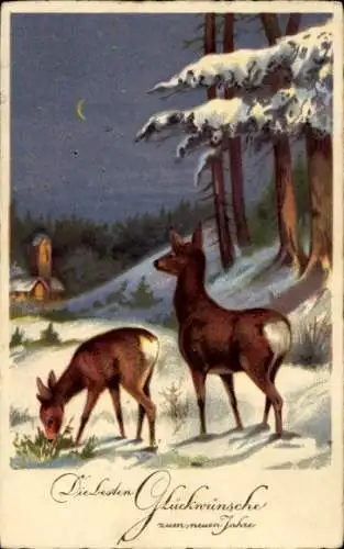 Ak Glückwunsch Neujahr, Rehe, Schnee, Winter, Mond