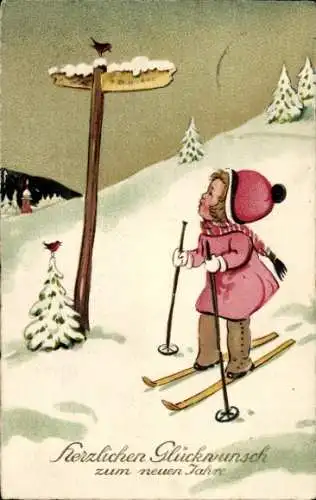 Ak Glückwunsch Neujahr, Skifahrerin, Wegweiser