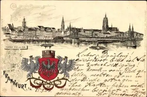 Wappen Litho Frankfurt am Main, Teilansicht der Stadt, Eiserner Steg, Kaiserdom, Kirchen