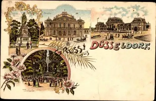 Litho Düsseldorf am Rhein, Bahnhof, Theater, Tonhalle, Denkmal