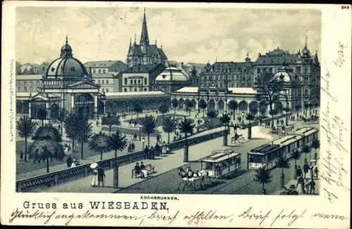 Litho Wiesbaden in Hessen, Kochbrunnen, Straßenbahn, Pferdestraßenbahn