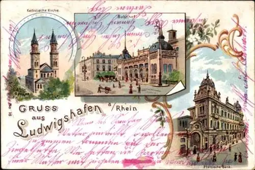 Litho Ludwigshafen am Rhein, Katholische Kirche, Bahnhof, Pfälzische Bank