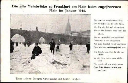 Ak Frankfurt am Main, Alte Mainbrücke beim zugefrorenen Main Januar 1914