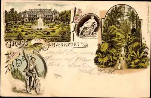 Litho Frankfurt am Main, Palmengarten, Radfahrer, Ariadne auf dem Panther