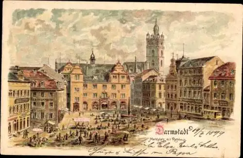 Litho Darmstadt in Hessen, Marktplatz, Rathaus