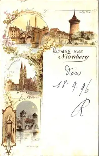 Litho Nürnberg in Mittelfranken, Museums-Brücke, Lauter Tor, St. Lorenz Kirche, Königsstraße