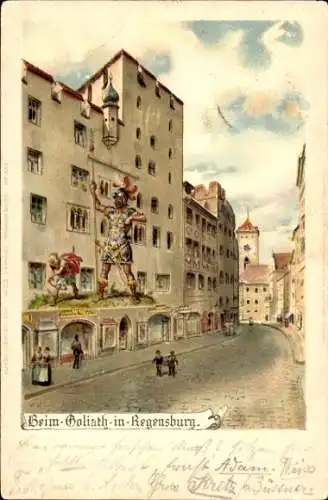 Litho Regensburg an der Donau Oberpfalz, Beim Goliath, Straßenpartie