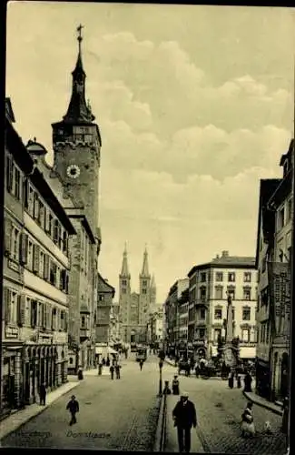 Ak Würzburg am Main Unterfranken, Domstraße, Kirchturm, Straßenbahn