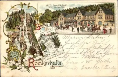 Litho Oker Goslar, Hotel Romkerhalle, Bes. Th. Hulsch, Wasserfall im Sommer und im Winter