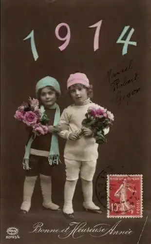 Ak Glückwunsch Neujahr 1914, Kinder, Blumenstrauß