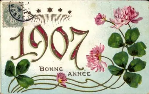 Präge Ak Glückwunsch Neujahr 1907, Glücksklee, Blumen