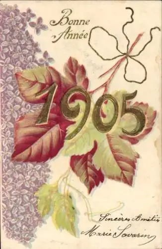 Präge Litho Glückwunsch Neujahr 1905, Laubblätter, Veilchen