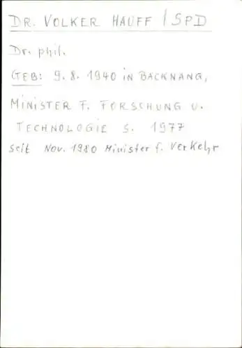 Foto Volker Hauff, Bundesminister, Portrait, Autogramm