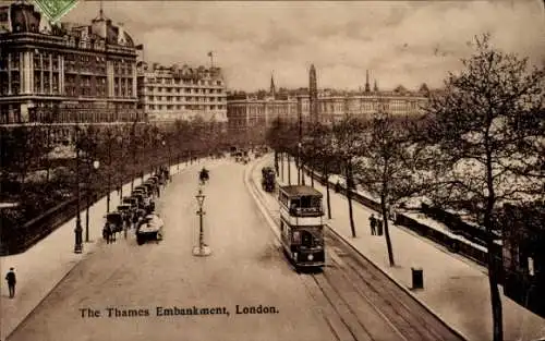 Ak London City England, Thames Embankment, Doppeldeckerbus