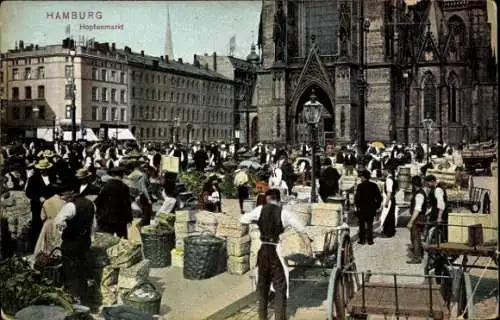 Ak Hamburg Mitte Altstadt, Hopfenmarkt am Markttag, Kirche