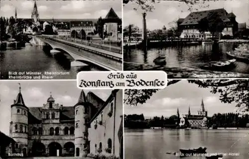 Ak Konstanz am Bodensee, Rheinbrücke, Münster, Insel-Hotel, Rathaus, Gondelhafen, Konzil