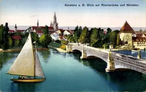 Ak Konstanz am Bodensee, Rheinbrücke und Münster, Segelboot