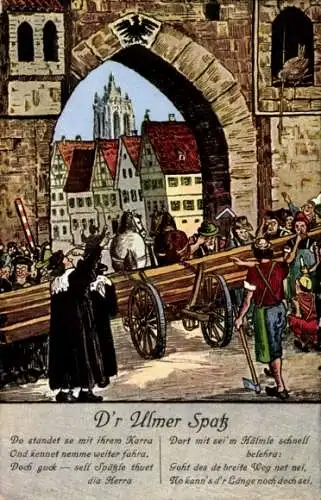 Künstler Ak Ulm an der Donau, D'r Ulmer Spatz, Szene am Stadttor