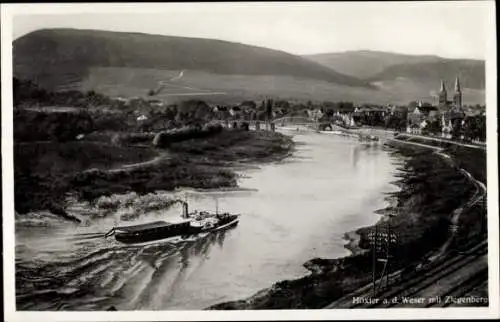 Ak Höxter an der Weser, Panorama, Ziegenberg, Dampfschiff