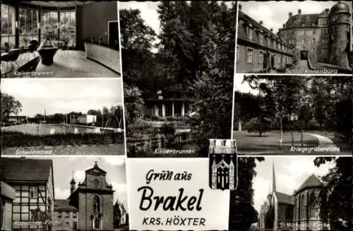 Ak Brakel in Nordrhein Westfalen, Kaiserbrunnen, Schloss Hinnenburg, Schwimmbad, Kirche