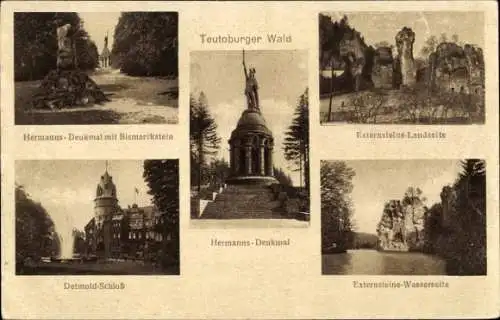 Ak Teutoburger Wald, Externsteine, Hermanns-Denkmal, Bismarckstein, Schloss Detmold