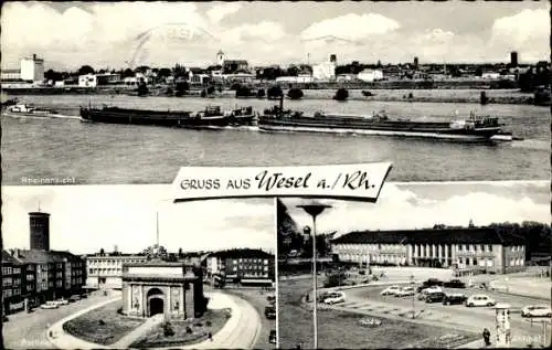 Ak Wesel am Niederrhein, Schleppzug auf dem Rhein, Berliner Tor, Bahnhof