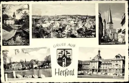 Ak Herford in Westfalen, Gesamtansicht, Johanniskirche, Rathaus, Stadtgraben, Werre