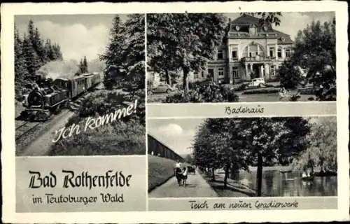 Ak Bad Rothenfelde am Teutoburger Wald, Teich am neuen Gradierwerk, Badehaus, Eisenbahn