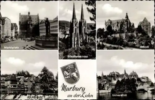 Ak Marburg an der Lahn, Wappen, Universität, Marktplatz, Elisabethkirche, Schloss