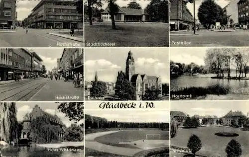 Ak Gladbeck in Westfalen, Haus Wittringen, Rathaus, Hochstraße, Postallee, Nordpark, Stadion