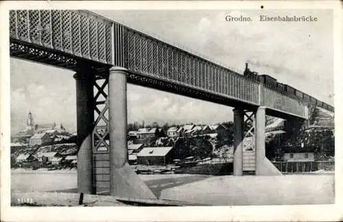 Ak Hrodna Grodno Weißrussland, Eisenbahnbrücke, Dampflok, Winter