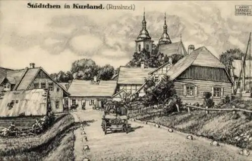 Künstler Ak Hänsel, Arno, Kurland Lettland, Dorfstraße, Kirche