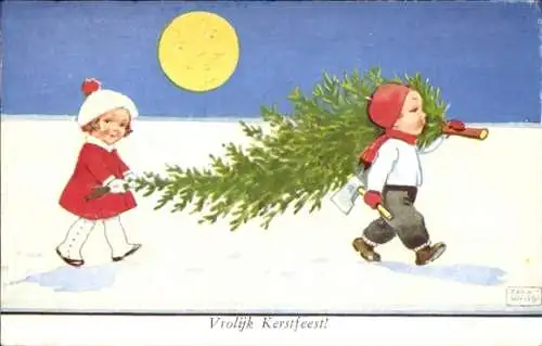 Künstler Ak Wills, John, Frohe Weihnachten, Kinder tragen einen Tannenbaum