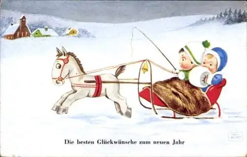 Künstler Ak Wills, John, Neujahr, Kinder in einem Pferdeschlitten