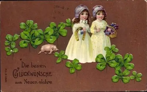 Präge Ak Glückwunsch Neujahr, Mädchen, Blumen, Glücksklee, Hufeisen, Schwein