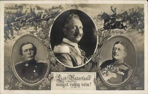 Ak Kaiser Wilhelm II., Generalfeldmarschall von Haeseler, Freiherr von der Goltz, NPG 4856