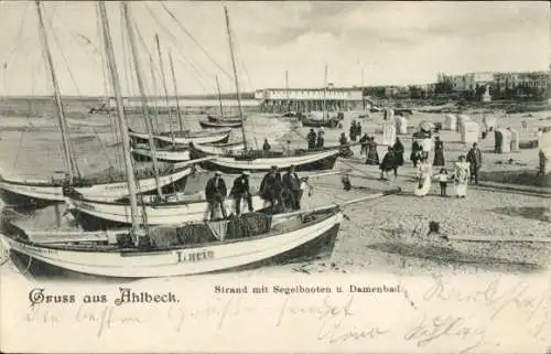 Ak Ostseebad Ahlbeck auf Usedom, Strand, Segelboote, Damenbad