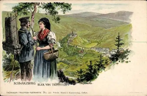 Künstler Litho Starcke, R., Schwarzburg im Schwarzatal, Blick vom Trippstein, Frau in Tracht, Pfeife