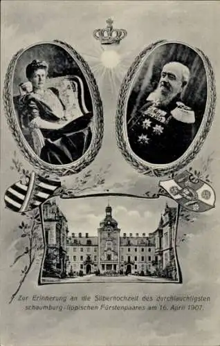 Ak Fürst Georg von Schaumburg Lippe, Fürstin Marie, Silberhochzeit 1907, Schloss, Wappen