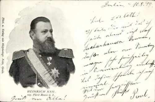 Ak Heinrich XXII, regierender Fürst Reuss ä. L., Portrait