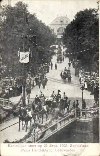 Ak Leeuwarden Fryslân Niederlande, Königliche Prozession 1905, Sophialaan-Prins Hendrikbrug