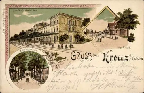 Litho Krzyż Wielkopolski Kreuz an der Ostbahn Posen, Bahnhof, Gleisseite, Post