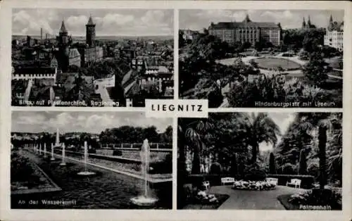 Ak Legnica Liegnitz Schlesien, Plastenschloss Regierung, Hindenburgplatz mit Lyzeum, Palmenhain