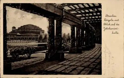 Ak Wrocław Breslau Schlesien, Pergola mit Blick auf die Jahrhunderthalle