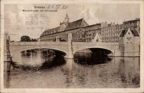 Ak Wrocław Breslau Schlesien, Werderbrücke mit Universität