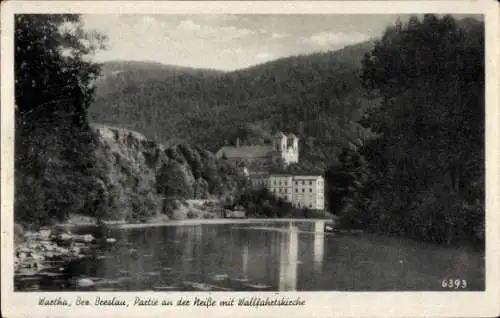 Ak Bardo Śląskie Wartha Schlesien, Neißepartie mit Wallfahrtskirche