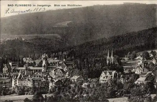 Ak Świeradów Zdrój Bad Flinsberg Schlesien, Blick vom Waldfrieden auf den Ort